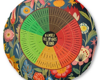 Cojín de suelo con diseño de rueda de las emociones: estampado de flores silvestres, regulación emocional.