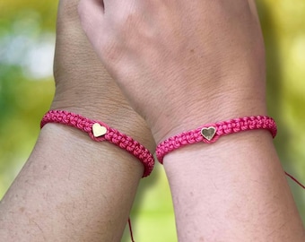 Matching Macrame Heart Bracelets: Long Distance Gift, Adjustable Nylon Cord
