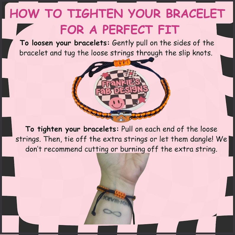 Pode incluir: Instru&ccedil;&otilde;es sobre como apertar uma pulseira com cord&atilde;o preto e laranja. O texto diz "Como apertar sua pulseira para um ajuste perfeito." e inclui instru&ccedil;&otilde;es sobre como afrouxar e apertar a pulseira. A imagem mostra duas pulseiras, uma com um cord&atilde;o preto e laranja e um amuleto de rosto sorridente, e a outra com um cord&atilde;o preto e laranja e um amuleto de s&iacute;mbolo de infinito.