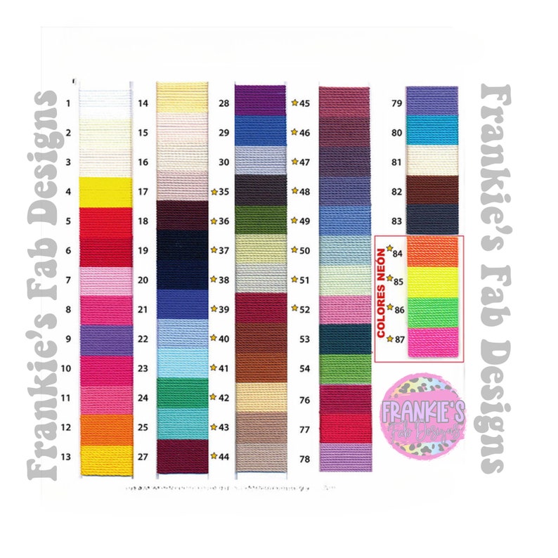 Pode incluir: Uma carta de cores com 87 cores diferentes de fio para bordar. As cores est&atilde;o dispostas em linhas e colunas. A carta inclui uma se&ccedil;&atilde;o etiquetada "Colores Neon" com cores neon brilhantes.
