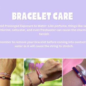 Pode incluir: Instru&ccedil;&otilde;es de cuidados para pulseiras com um close-up de tr&ecirc;s pulseiras diferentes em pulsos. As pulseiras s&atilde;o feitas de corda e t&ecirc;m pingentes. O texto diz: "BRACELET CARE Avoid Prolonged Exposure to Water- Like perfume, things like sweat, chlorine, saltwater, and even freshwater can cause the charm to tarnish Remember to remove your bracelet before coming into contact with water as it will cause the string to stretch."