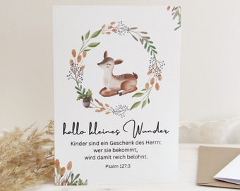 Karte zur Geburt | Hallo kleines Wunder | Waldtiere | christlich mit Bibelvers | Klappkarte deutsch Set |  hochwertiger Druck | Babykarte