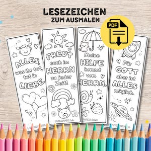 May include: Four black and white coloring bookmarks with inspirational quotes and illustrations, including a rocket, sun, and bear. The text "LESEZEICHEN ZUM AUSMALEN" is at the top, with a PDF icon. A row of colored pencils is at the bottom.