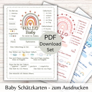 Babyshower raadspel | Invulkaarten | Downloaden om af te drukken | Geschenkgeboorte | Jonge meisjes | A4+A5 | Duits digitaal raadspel