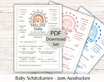 Jeu de devinettes pour baby shower | Cartes à remplir | Télécharger pour imprimer | Cadeau naissance | Jeunes filles | A4+A5 | Jeu de devinettes numérique allemand