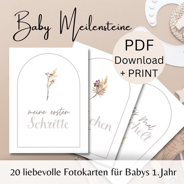 20 baby milestone cards boho | Download to print | Gift for birth | Baby photoshoot | Photo cards for the first year | A6 German