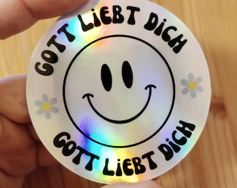 Pegatina "Dios te ama" con sonrisa | Pegatina cristiana | Biblia | Alemán | Fe | Regalo cristiano | Dios | Holográfica | Resistente al agua
