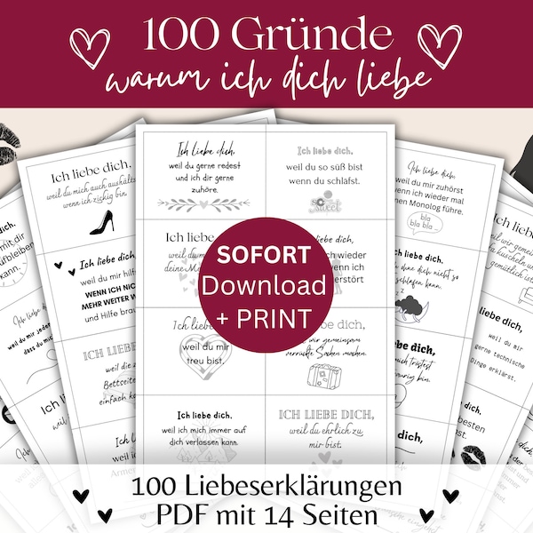 100 Gründe Warum ich dich liebe | PDF-Sofort Download | für SIE+IHN |  Liebesbotschaften | zum selber Ausdrucken | digital | last minute