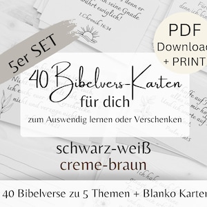 40 tarjetas con versículos de la Biblia | ÚNICO COLOR | Megajuego | Descarga de PDF para imprimir | cristiano | Versículos de la Biblia | alemán | memorizar | 5 temas