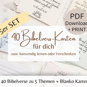 40 tarjetas con versículos de la Biblia coloridas | Megajuego | Descarga de PDF para imprimir | Versículos de la Biblia cristiana en alemán | Regalo | memorizar | 5 temas