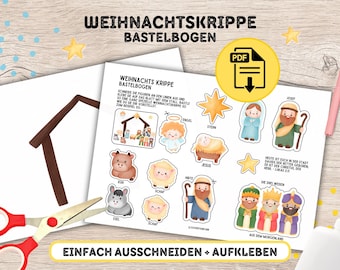 Weihnachtskrippe Bastelbogen für Kinder | Download zum Ausdrucken deutsch digital | Kindergottesdienst Bibel Malseiten Beschäftigung Advent
