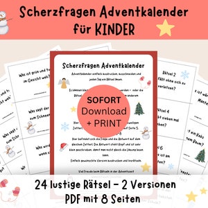 Adventkalender für Kinder 24 Scherzfragen PDF-Sofort Download Weihnachten zum selber Basteln Ausdrucken Schule lustig digital Bild 1