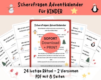 Adventskalender voor kinderen | 24 grapvragen | PDF direct downloaden | Kerstmis | om uit te printen voor uw eigen knutselwerkjes | school grappig | digitaal