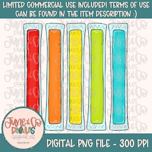 May include: Five colourful popsicle-shaped pouches with a white background. The pouches are red, orange, yellow, green, and blue. The pouches are in a row and have a white background. The text "LIMITED COMMERCIAL USE INCLUDED! TERMS OF USE CAN BE FOUND IN THE ITEM DESCRIPTION :)" is at the top of the image.