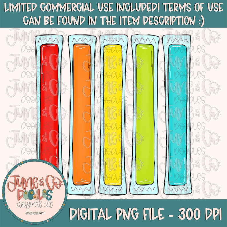 May include: Five colourful popsicle-shaped pouches with a white background. The pouches are red, orange, yellow, green, and blue. The pouches are in a row and have a white background. The text "LIMITED COMMERCIAL USE INCLUDED! TERMS OF USE CAN BE FOUND IN THE ITEM DESCRIPTION :)" is at the top of the image.