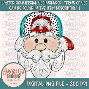 May include: A digital illustration of a Santa Claus face wearing a red, white, and blue baseball cap with black polka dots. The Santa Claus has a white beard and mustache.