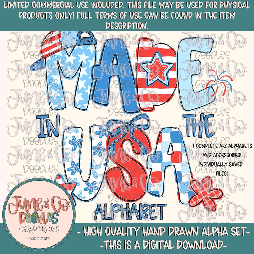 Made in the USA Alphabet Set- PNG| Patriotic Doodle Alpha| Individually ...