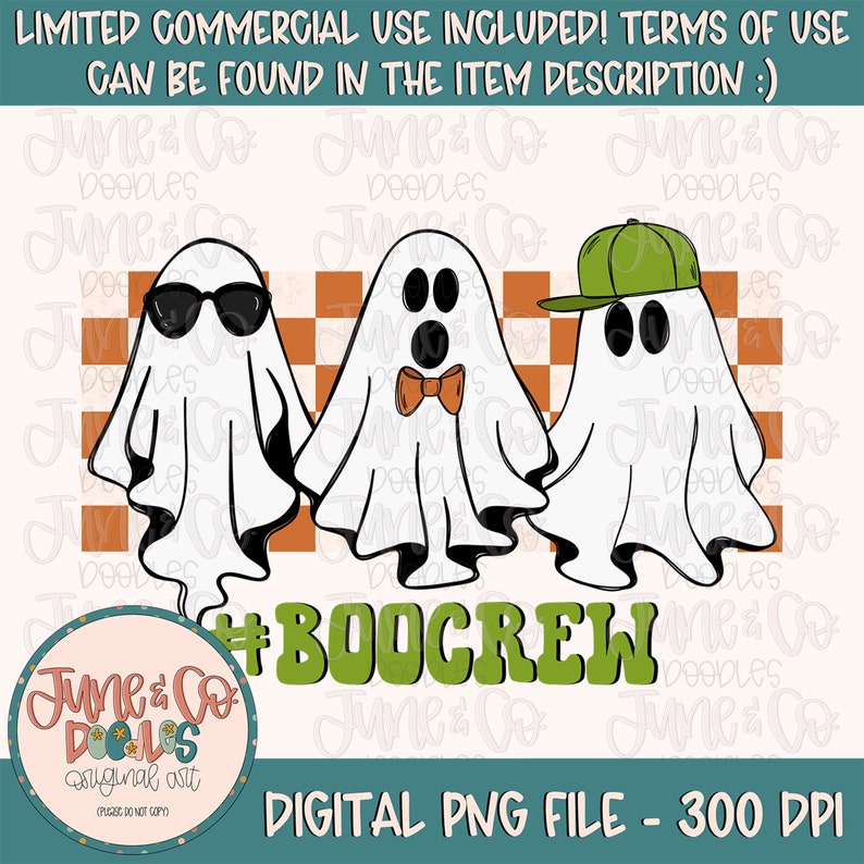 May include: Three cartoon ghosts with different accessories. The ghost on the left is wearing sunglasses, the middle ghost is wearing a bow tie, and the ghost on the right is wearing a green baseball cap. The ghosts are standing in front of a checkered orange and white background. The text "#BOOCREW" is written in green below the ghosts.