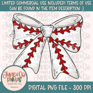 May include: A white and red baseball-themed bow with black stitching. The bow is drawn in a cartoon style.