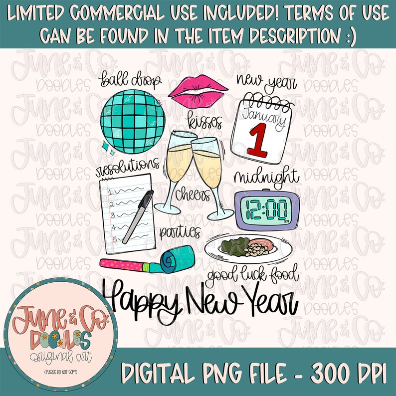 May include: A digital illustration depicting various New Year's Eve traditions. The illustration features a disco ball, champagne flutes, a clock, a calendar, a party horn, a plate of food, and a list of resolutions. The text "Happy New Year" is written in a large, bold font.