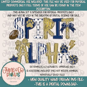 Puede incluir: Diseño digital con las palabras "SPIRIT ALPHA" en azul marino y dorado, con un balón de fútbol, una huella de pata, una estrella y un lazo. El texto incluye: "SIX COMPLETE A-Z ALPHABETS - UPPERCASE ONLY!" y "THIS IS A DIGITAL DOWNLOAD."