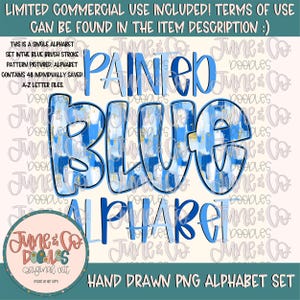 Conjunto de alfabeto azul pintado - PNG | Doodle de pincelada azul Alpha | Letras salvas individualmente | Letras de rabisco de A a Z PNG | Download digital
