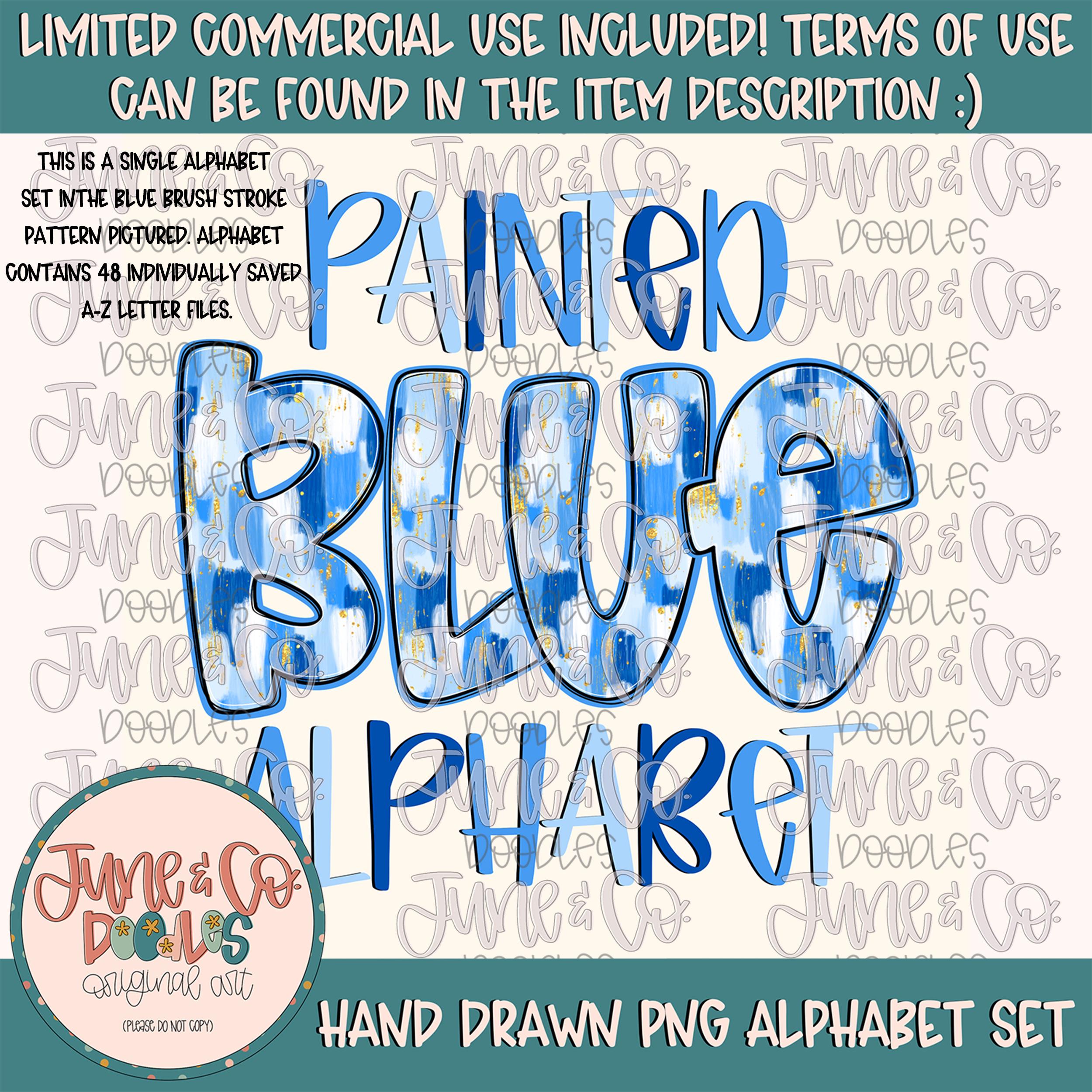 Painted Blue Alphabet Set- PNG| Blue Brush Stroke Doodle Alpha| Individually Saved Letters| A-Z Doodle Letters PNG| Digital Download