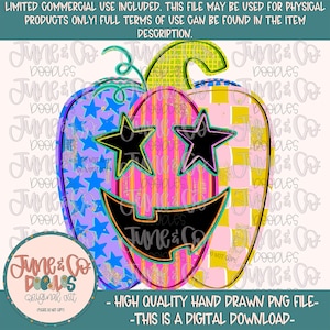 May include: A digital illustration of a pumpkin featuring a multi-colored design with blue stars, pink stripes, and yellow checkered patterns. The pumpkin has black star-shaped eyes and a wide, jagged black mouth. Text reads: LIMITED COMMERCIAL USE INCLUDED. THIS FILE MAY BE USED FOR PHYSICAL PRODUCTS ONLY! FULL TERMS OF USE CAN BE FOUND IN THE ITEM DESCRIPTION. HIGH QUALITY HAND DRAWN PNG FILE - THIS IS A DIGITAL DOWNLOAD.