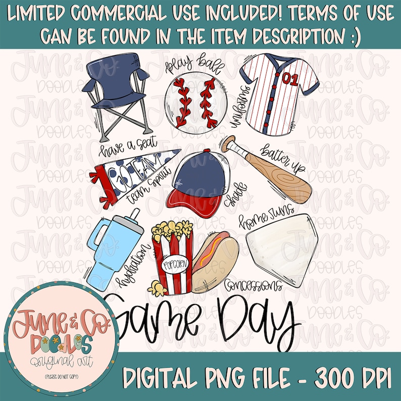 May include: A digital illustration of a baseball game day theme with various elements including a baseball, bat, hat, popcorn, hot dog, and a folding chair. The text "Game Day" is written in a large, bold font.