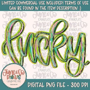 May include: A digital illustration of the word "Lucky" in green, pink, and gold with a glittery texture. The word is written in a stylized font with a black outline.