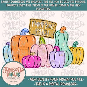 May include: A digital illustration featuring a collection of colorful pumpkins in shades of orange, pink, purple, teal, and yellow, with a wooden sign reading PUMPKIN PATCH. The design includes a circular logo with the text JUNE & CO DOODLES.