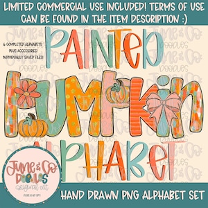 May include: A set of hand-drawn PNG alphabet letters in a painted pumpkin theme. The letters are in various shades of orange, pink, teal, and yellow with patterns like stripes, polka dots, and floral designs. The letters are outlined in black and have a whimsical, autumnal feel.