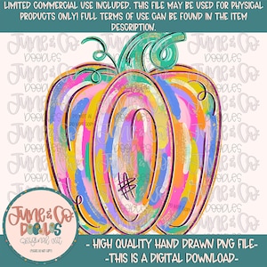May include: A digital illustration of a pumpkin featuring vibrant, multi-colored brushstrokes in shades of pink, yellow, orange, blue, and purple. The pumpkin has a teal stem and black outlines. Text overlays include 'LIMITED COMMERCIAL USE INCLUDED' and 'JUNE & CO DOODLES'.