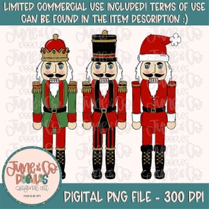 May include: Three digital illustrations of nutcracker figurines. The nutcrackers are wearing traditional costumes with red, green, and black accents. The nutcrackers are standing in a row with their heads turned slightly to the side. The background is a white.