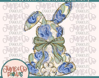 Painted Floral Bunny-Blue PNG| Coquette Easter Bunny Sublimation File| Girly Easter Holiday Shirt Design| Hand Drawn Art| Digital Download