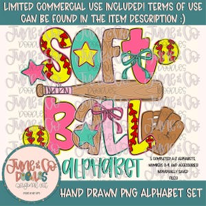 Conjunto de alfabeto de softbol - PNG/ Alfabeto de softbol/ Letras guardadas individualmente/ Letras aproximadas/ Letras de doodle de la A a la Z PNG/ Descarga digital