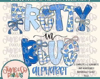 Pretty In Blue Alphabet Set- PNG| Preppy Blue Doodle Alpha| Individually Saved Letters| A-Z Doodle Letters PNG| Digital Download