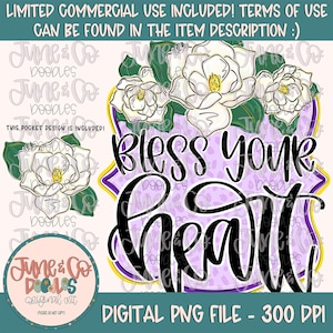 Bless Your Heart Magnolias PNG/ File di sublimazione di detti del sud/ Design di maglietta da ragazza di campagna/ Arte stampabile scritta a mano/ Download digitale