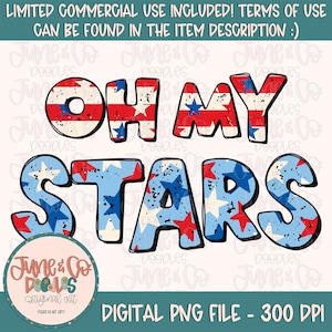Puede incluir: Descarga digital de un dise&ntilde;o gr&aacute;fico con el texto "Oh My Stars" en un esquema de colores rojo, blanco y azul con un aspecto desgastado y vintage. Las letras est&aacute;n rellenas con un patr&oacute;n de estrellas rojas y azules sobre un fondo blanco.