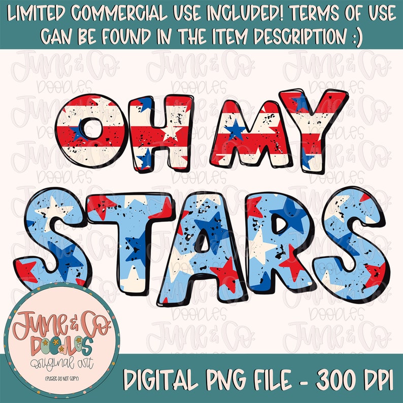 Puede incluir: Descarga digital de un dise&ntilde;o gr&aacute;fico con el texto "Oh My Stars" en un esquema de colores rojo, blanco y azul con un aspecto desgastado y vintage. Las letras est&aacute;n rellenas con un patr&oacute;n de estrellas rojas y azules sobre un fondo blanco.