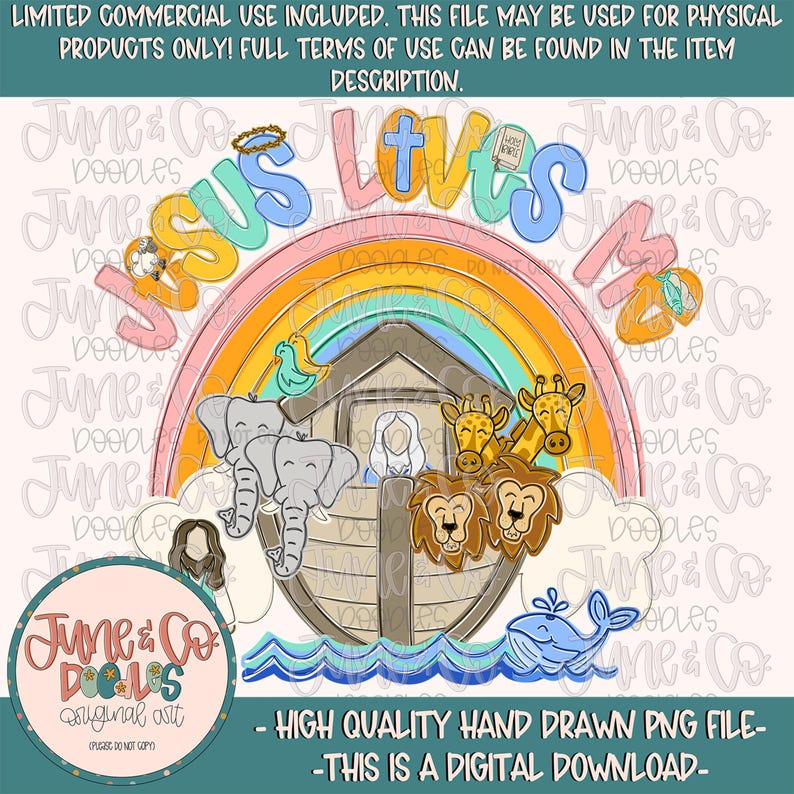 May include: A digital illustration featuring a rainbow, the text "Jesus Loves Me," and an ark with animals. The image includes elephants, giraffes, lions, and a whale, with the text "High Quality Hand Drawn PNG File - This is a Digital Download."