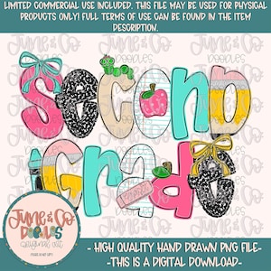 May include: Colorful digital design with the words "Second Grade" in a playful font, featuring school-themed illustrations like an apple, crayon, and eraser. The design includes the text "HIGH QUALITY HAND DRAWN PNG FILE - THIS IS A DIGITAL DOWNLOAD."