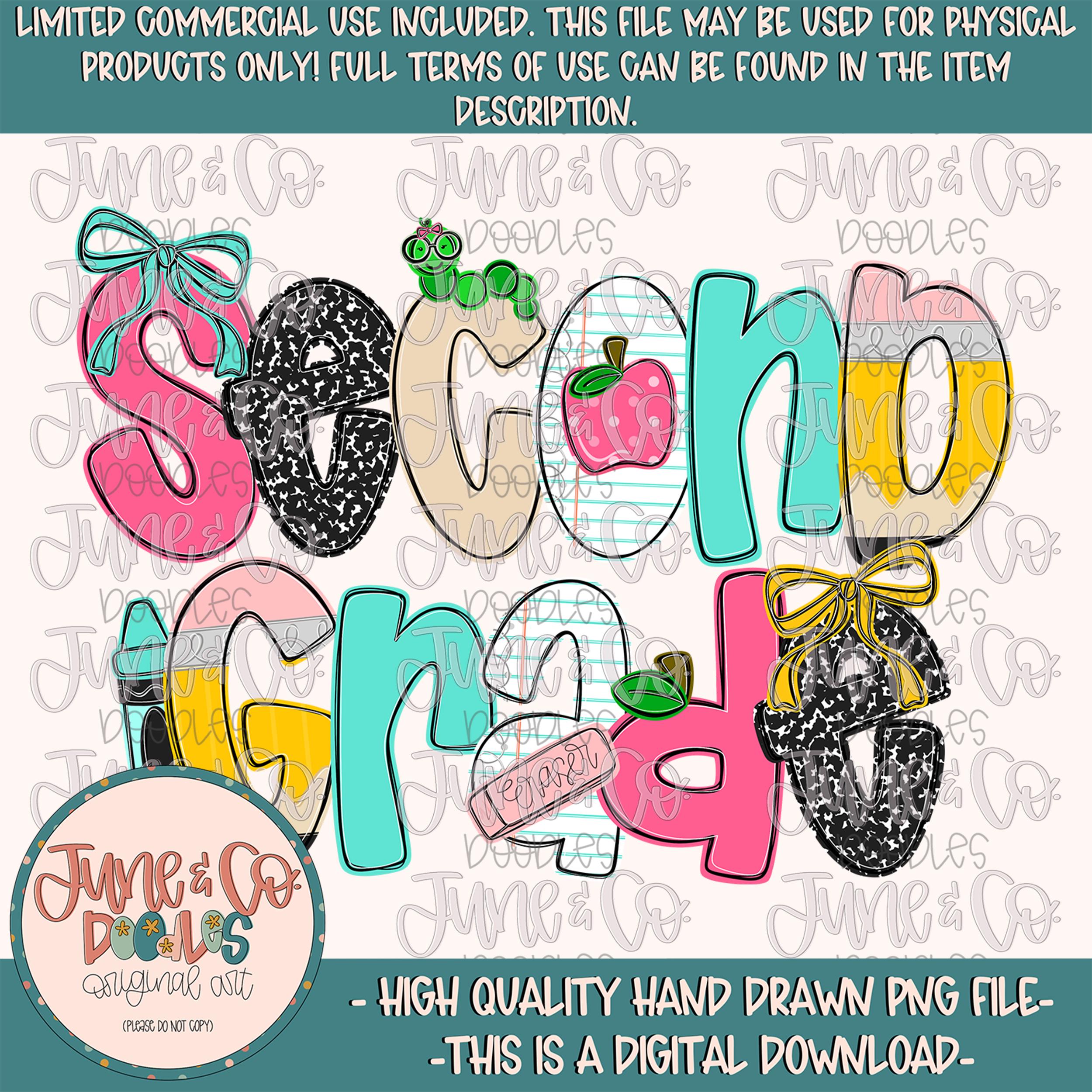 Girls Second Grade PNG| Coquette Back To School Sublimation File| Girly Elementary Grade Level Design| Hand Drawn Art| Digital Download