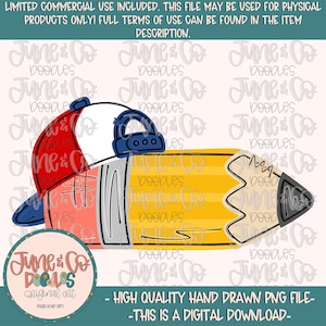 May include: A digital download graphic featuring a baseball cap and a pencil. The cap is red, white, and blue, and the pencil is yellow with a gray tip. The image includes the text "June & Co Doodles" and "High Quality Hand Drawn PNG File - This is a Digital Download."