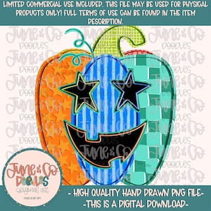 May include: A digital graphic of a pumpkin featuring three vertical sections: an orange side with stars, a blue striped center, and a teal checkered side. It has black star-shaped eyes and a wide, black, jagged, smiling mouth.