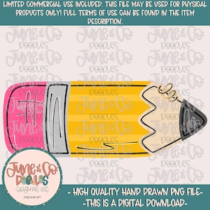 May include: A digital download graphic featuring a cartoon pencil design. The pencil has a pink eraser, a silver band, and a yellow body with horizontal stripes. The pencil tip is black and gray. The image includes text about commercial use and a logo.