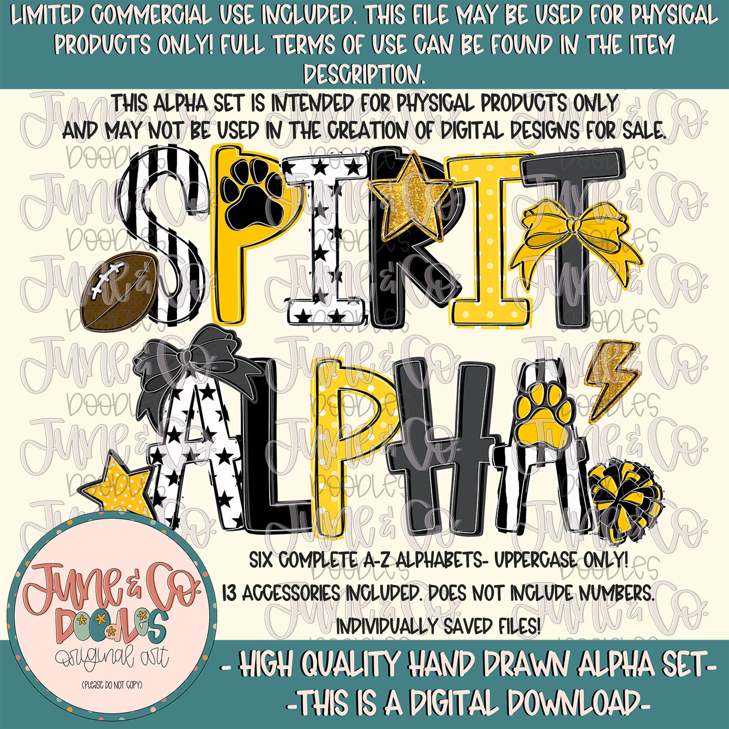 Spirit Alphabet Set- Black And Yellow| Team Spirit Doodle Alpha| Individually Saved PNG Letters| A-Z Doodle Letters PNG| Digital Download