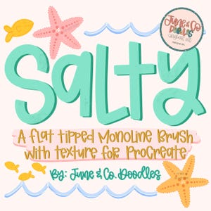 Puede incluir: Gráfico de arte digital con la palabra "Salty" en turquesa. La imagen incluye estrellas de mar, peces y olas, con el texto "A flat tipped Monoline Brush with texture for Procreate" y "By: June & Co. Doodles."