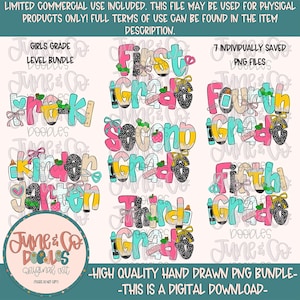 Girls Grade Level PNG Bundle| Coquette Back To School Sublimation Files| Elementary School Shirt Designs| Hand Drawn Art| Digital Download