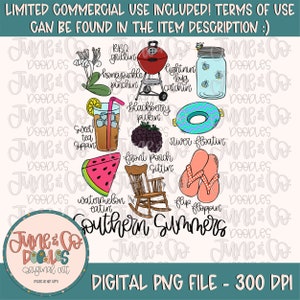 May include: A digital illustration of a collection of summer-themed images, including a watermelon, a rocking chair, a glass of iced tea, a grill, a jar of fireflies, a life preserver, flip flops, and a blackberry. The text "Southern Summers" is written in a whimsical font.